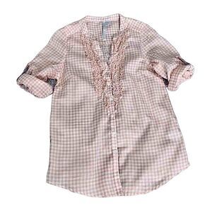 LC Lauren Conrad Peach & White Gingham Tab Sleeve Button Up Shirt w/Ruffle XS